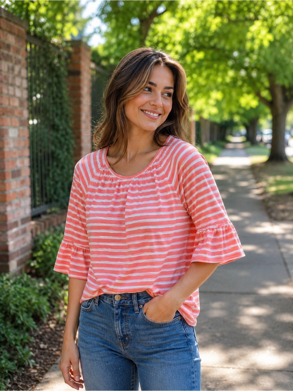 Michael Michael Kors Coral & White Striped Bell Sleeve Top | Women's Large